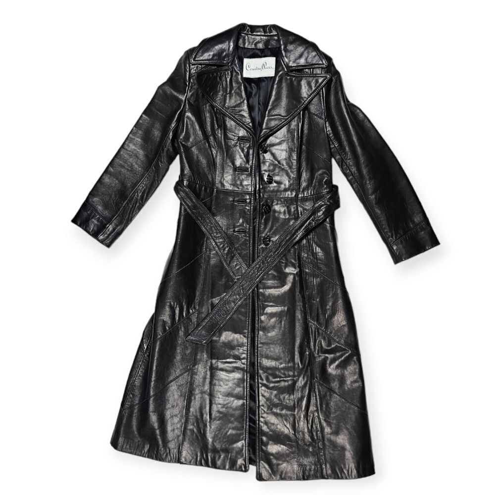 Country Pacer VTG Black 100% Leather Trench Coat with belt Women's Size XS